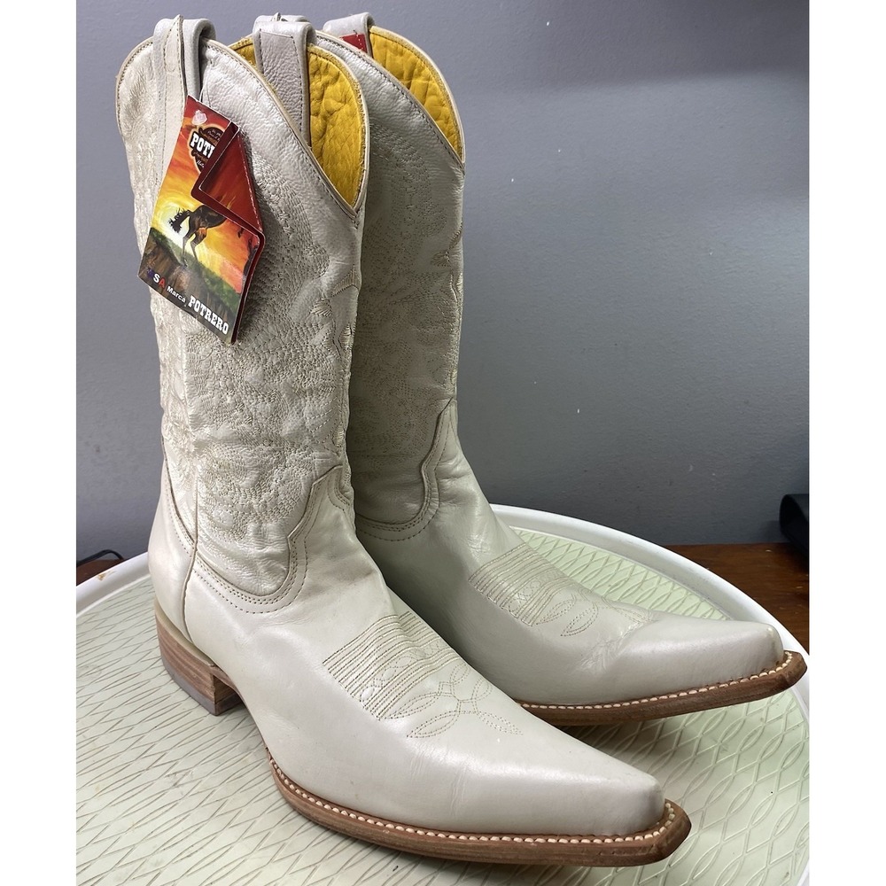Potrero Men's Leather Western‎ Off-White Cowboy Riding Dressy Boots Ivory 8 NWT